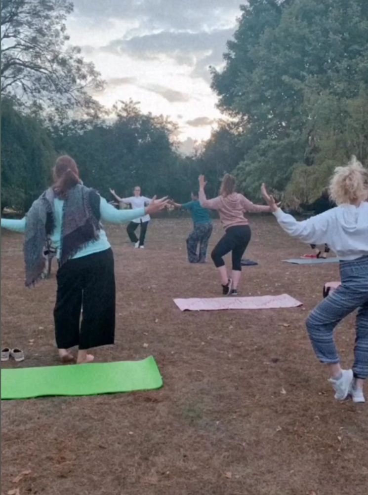 A lovely outdoor Qigong class, with several ladies following the moves of Hannah. Trees in the background, sun is going down.