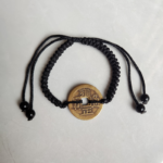 Five Emperor Coins Black Cord Bracelet handmade with traditional Vajra Knot, adjustable Chinese Feng Shui jewelry for protection.