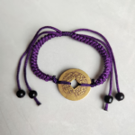 Five Emperor Coins Deep Purple Cord Bracelet handmade with traditional Vajra Knot, adjustable Chinese Feng Shui jewelry for protection.