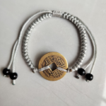 Five Emperor Coins Silver Grey Cord Bracelet handmade with traditional Vajra Knot, adjustable Chinese Feng Shui jewelry for protection.