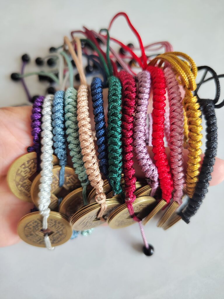 Handmade Five Emperor Coins bracelets in 13 cord colors, antique brass coins, adjustable Chinese Feng Shui protection jewelry.