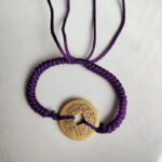 Five Emperor Coins Deep Purple Cord Bracelet handmade with traditional Vajra Knot, adjustable Chinese Feng Shui jewelry for protection.