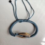 Five Emperor Coins Dusty Blue Cord Bracelet handmade with traditional Vajra Knot, adjustable Chinese Feng Shui jewelry for protection.