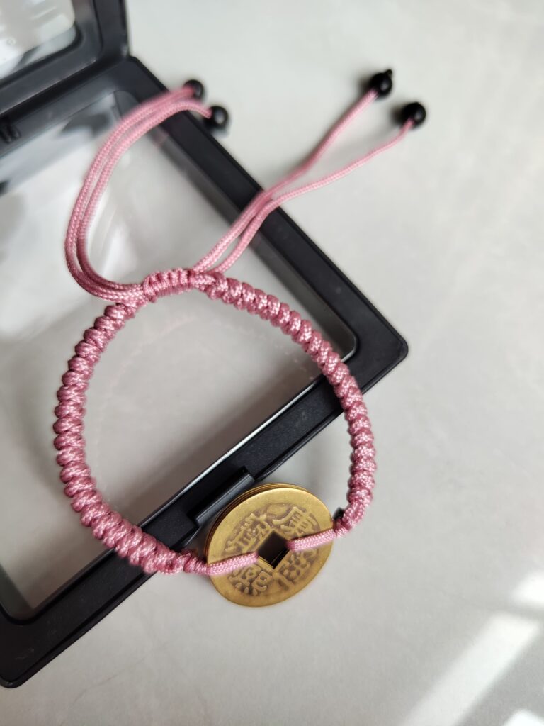 Five Emperor Coins Grey Purple Cord Bracelet handmade with traditional Vajra Knot, adjustable Chinese Feng Shui jewelry for protection.