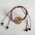 Five Emperor Coins Grey Purple Cord Bracelet handmade with traditional Vajra Knot, adjustable Chinese Feng Shui jewelry for protection.