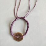 Five Emperor Coins Grey Purple Cord Bracelet handmade with traditional Vajra Knot, adjustable Chinese Feng Shui jewelry for protection.
