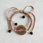 Five Emperor Coins Khaki Cord Bracelet handmade with traditional Vajra Knot, adjustable Chinese Feng Shui jewelry for protection.