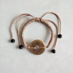 Five Emperor Coins Khaki Cord Bracelet handmade with traditional Vajra Knot, adjustable Chinese Feng Shui jewelry for protection.